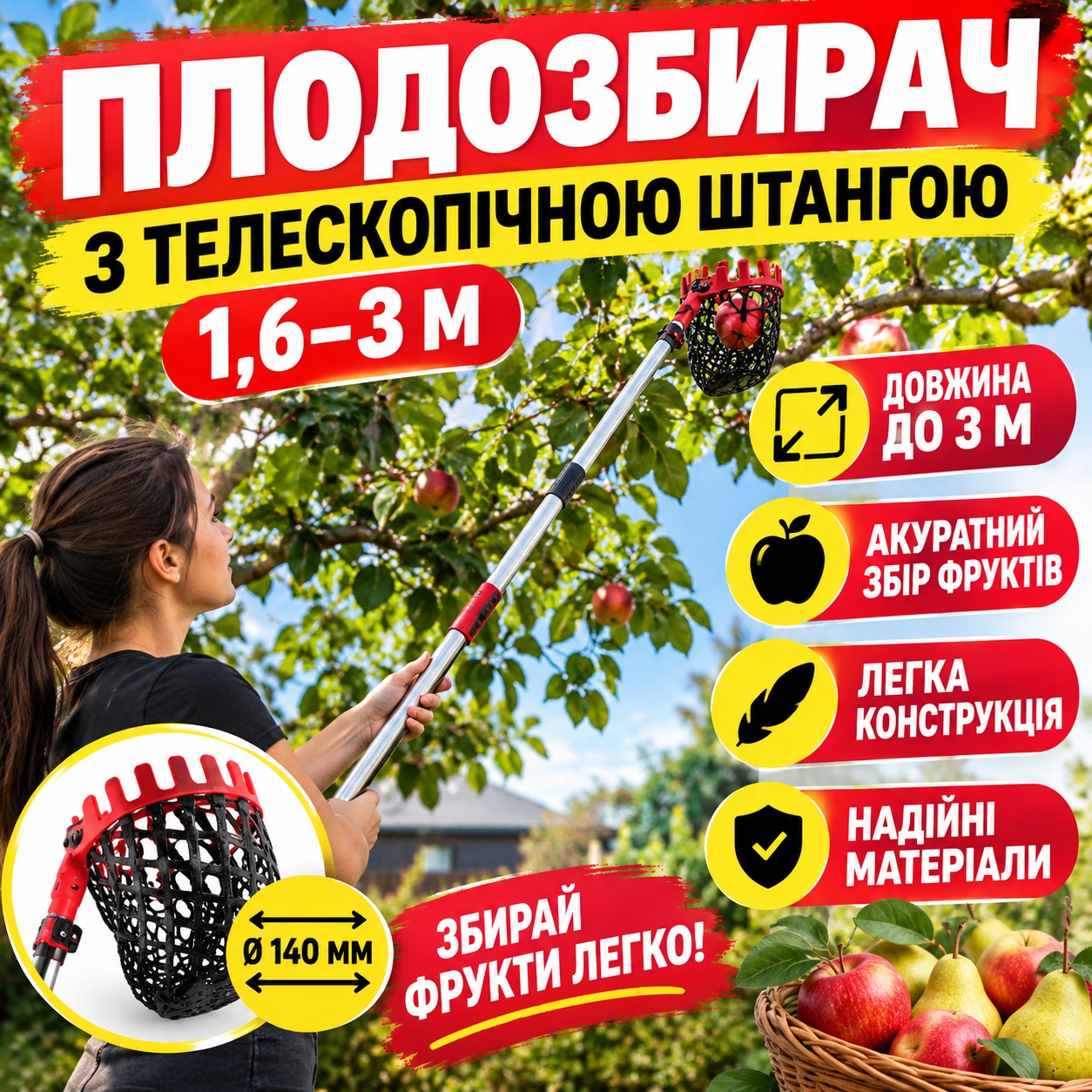 Плодозбирач з телескопічною штангою та сітчастим кошиком
